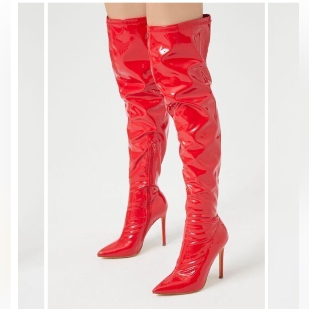 Red Faux Patent Leather Pointed Boots - Picture 7 of 8